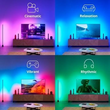 Vier Bilder zeigen die voreingestellten Modi der Sync Box und die farbwechselnden Lichter, die auf den Fernsehbildschirm reagieren.